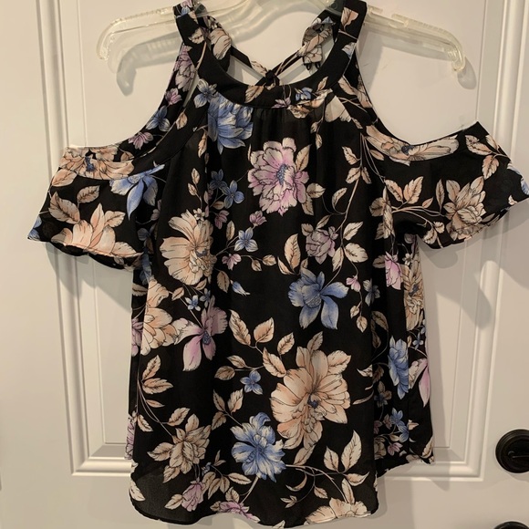 Iz Byer Tops - Iz Byer Black Floral Cold Shoulder Blouse